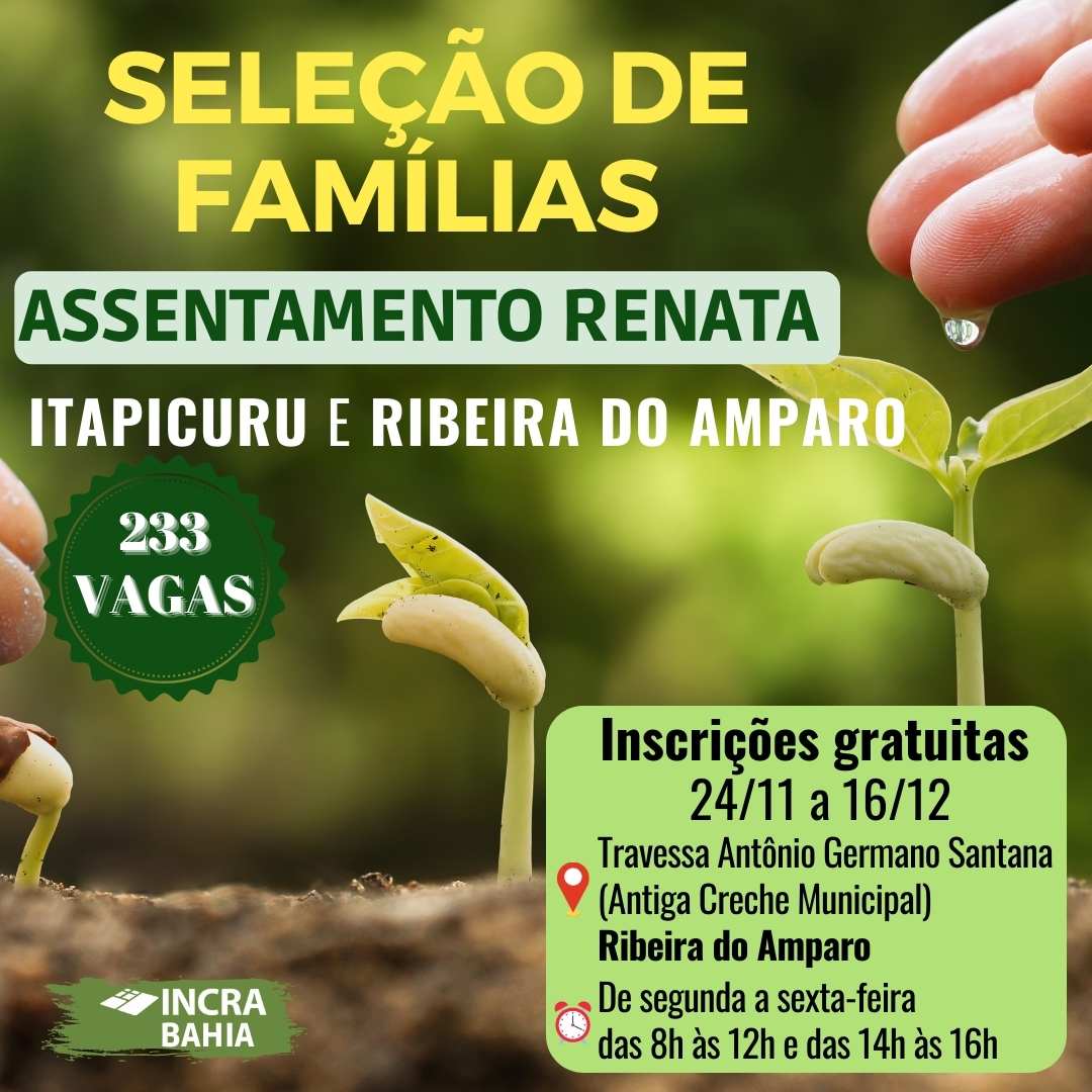 INCRA BAHIA; RIBEIRA DO AMPARO E ITAPICURU, REFORMA AGRÁRIA COM 233 LOTES