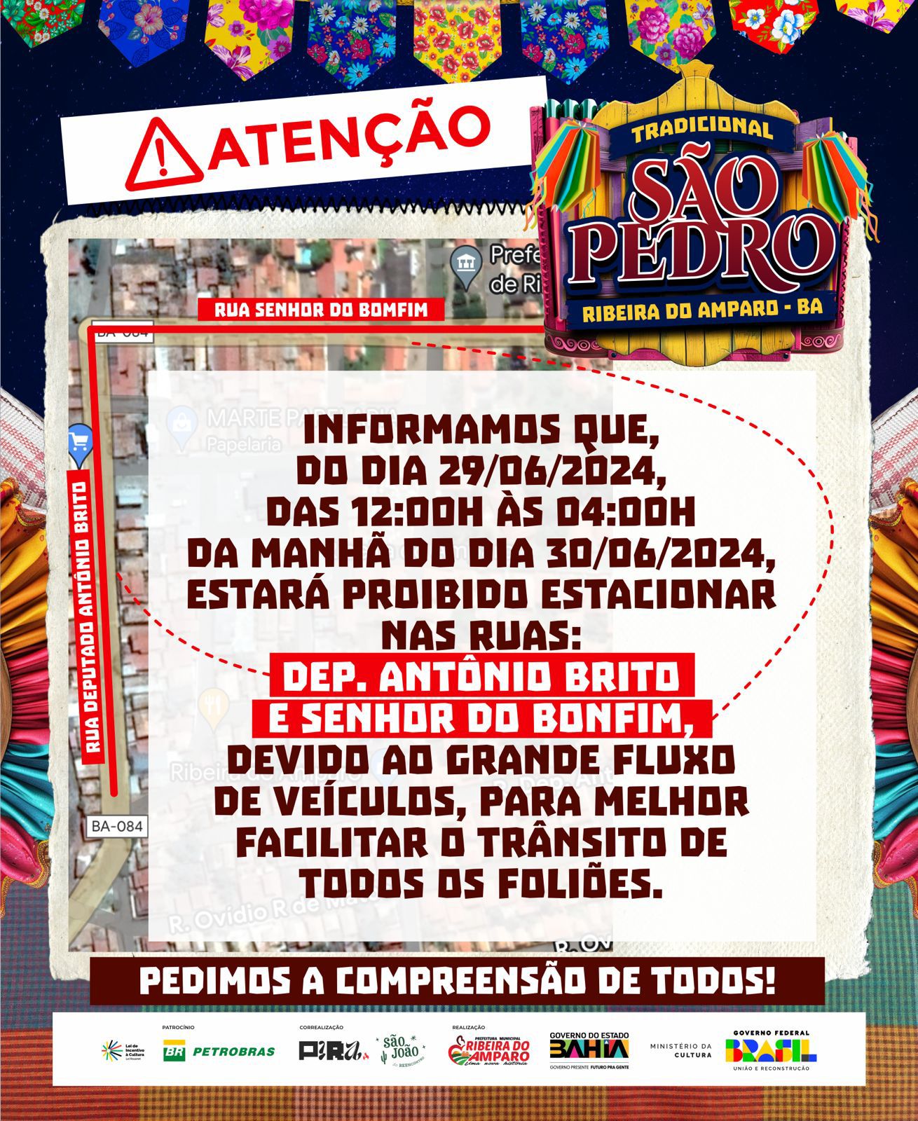 INFORMAÇÃO DO TRANSITO DO TRADICIONAL SÃO PEDRO DE RIBEIRA DO AMPARO-BAHIA. DIAS 28, 29 E 30 DE JUNHO DE 2024