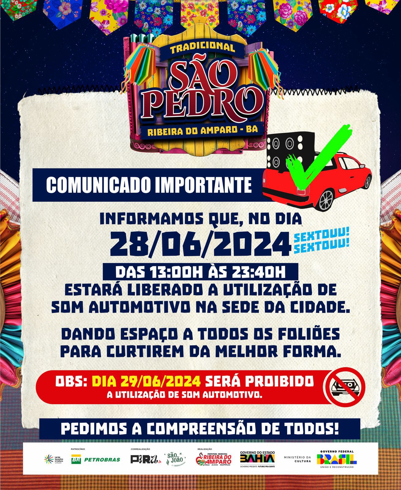 COMUNICADO IMPORTANTE DO TRADICIONAL SÃO PEDRO DE RIBEIRA DO AMPARO-BAHIA. DIAS 28, 29 E 30 DE JUNHO DE 2024